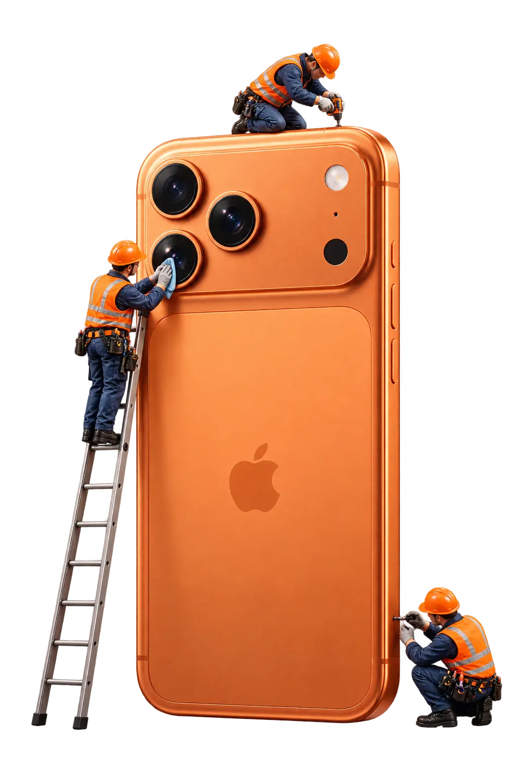 Orangefarbenes iPhone 17 Pro, an dem kleine Techniker mit Helm und Werkzeug arbeiten